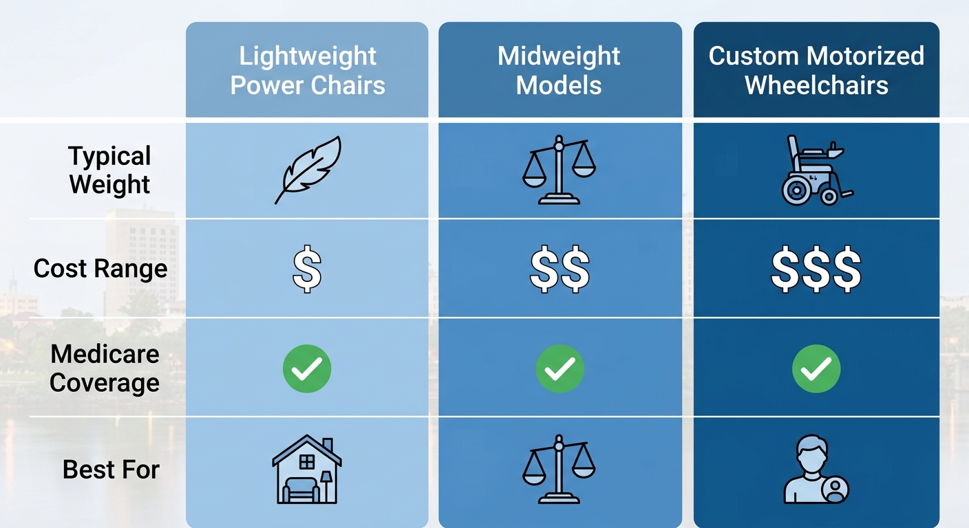 Infographic comparing lightweight power chairs, midweight models, and custom motorized wheelchairs in Augusta, GA by weight, cost, Medicare coverage, and best uses
