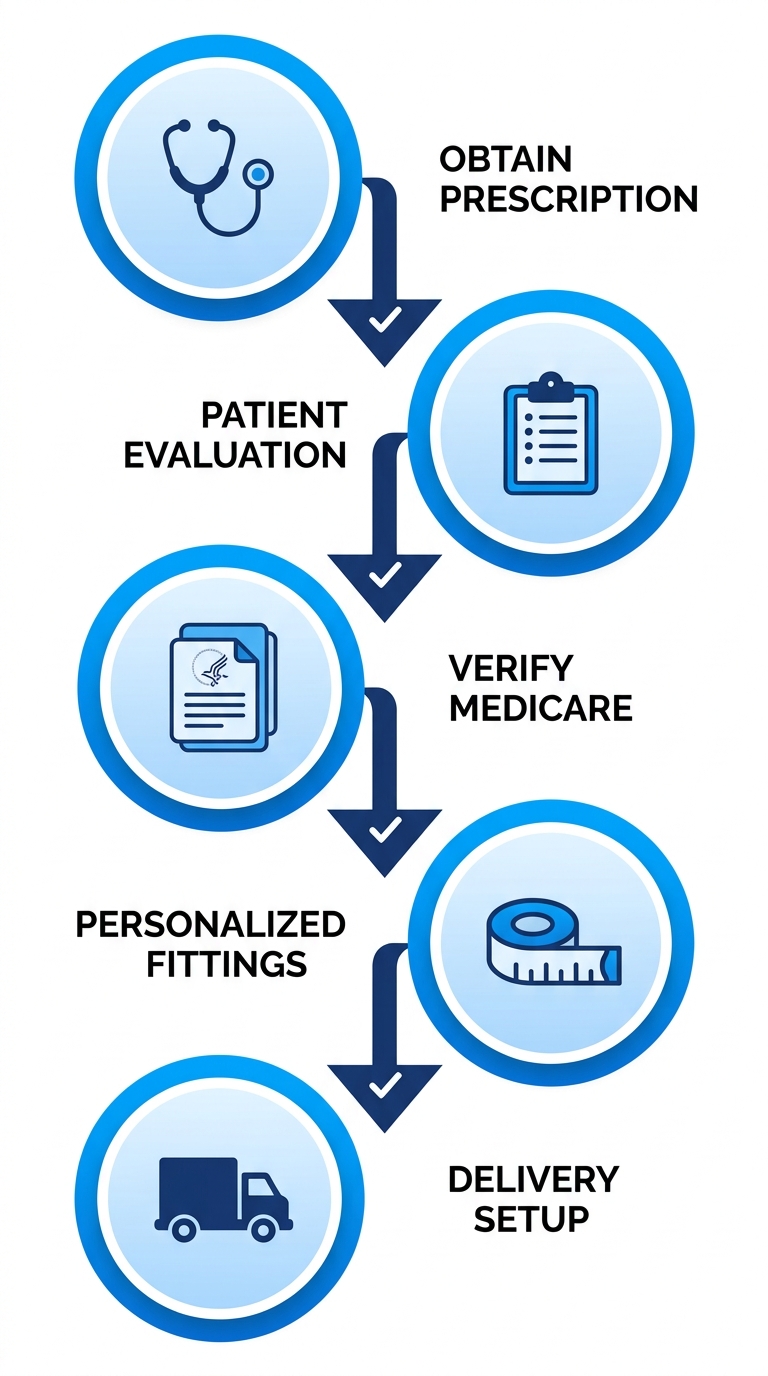 Vertical process flow diagram illustrating five sequential steps to obtain a motorized wheelchair: obtain prescription, patient evaluation, verify Medicare benefits, personalized fittings, delivery and setup