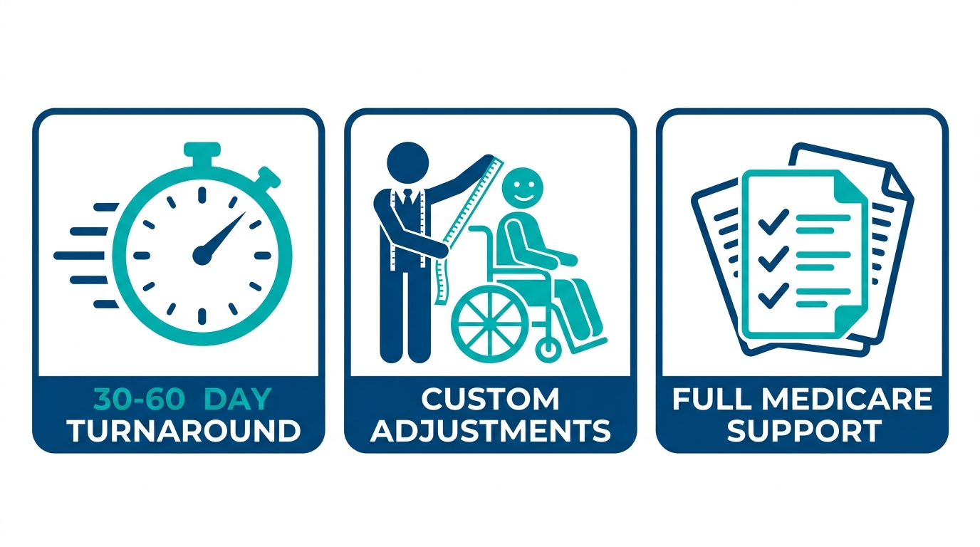 Infographic of three key features: rapid 30-60 day delivery, custom wheelchair fittings, and complete Medicare assistance for Augusta mobility solutions.