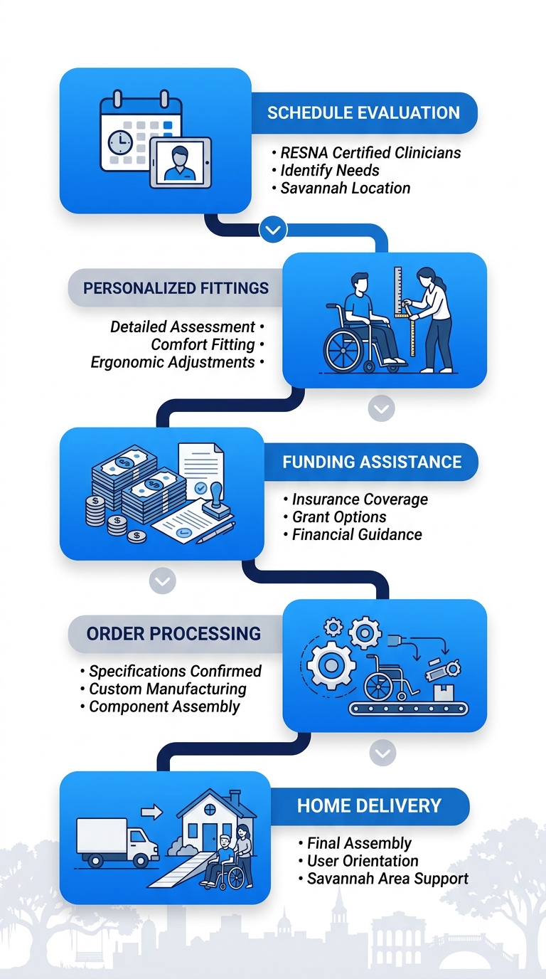 Vertical process flow diagram illustrating five stages to obtain a custom motorized wheelchair in Savannah: schedule evaluation, personalized fittings, funding assistance, order processing, and home delivery.