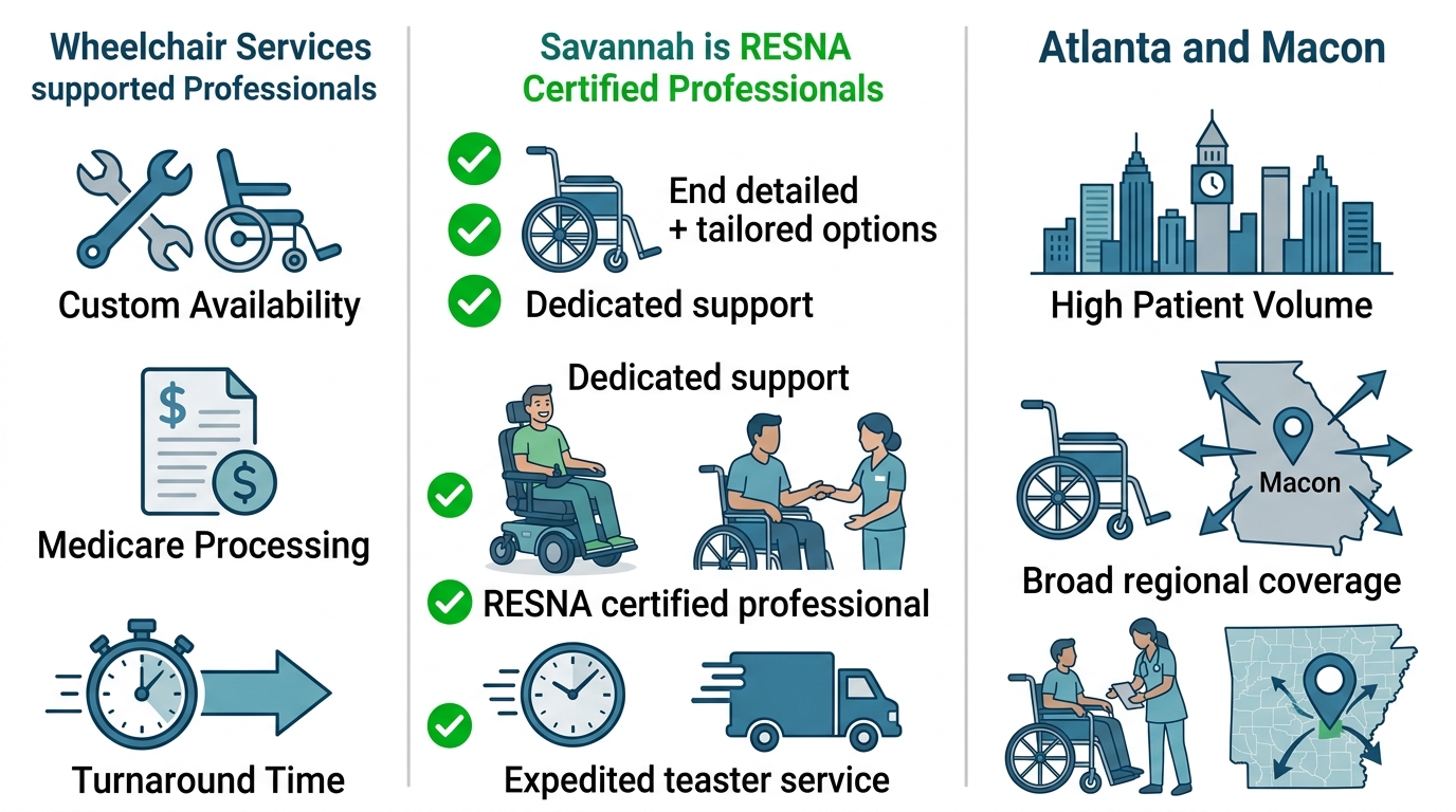 Infographic comparing wheelchair service features in Savannah, Atlanta, and Macon, Georgia, highlighting local advantages