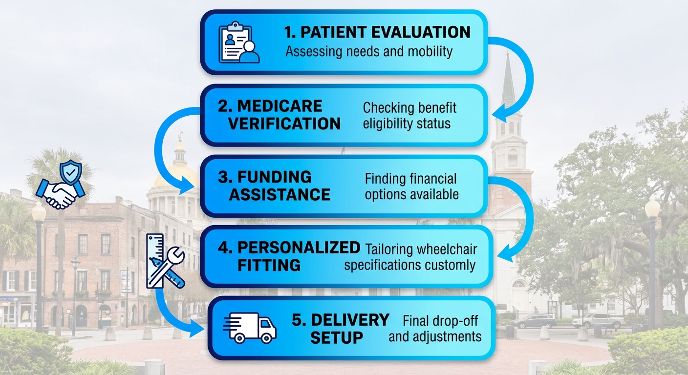 Vertical process flow illustrating five stages for custom motorized wheelchair: patient evaluation, Medicare verification, funding assistance, personalized fitting, and delivery setup with icons and arrows.