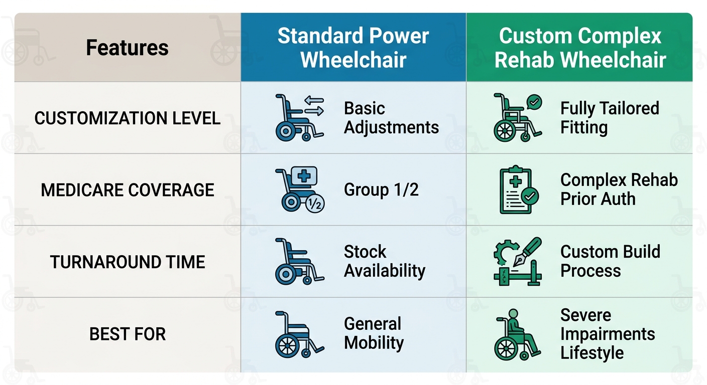 Infographic comparing standard versus custom complex rehab power wheelchairs in Savannah, Georgia, highlighting customization, coverage, turnaround, and suitability.