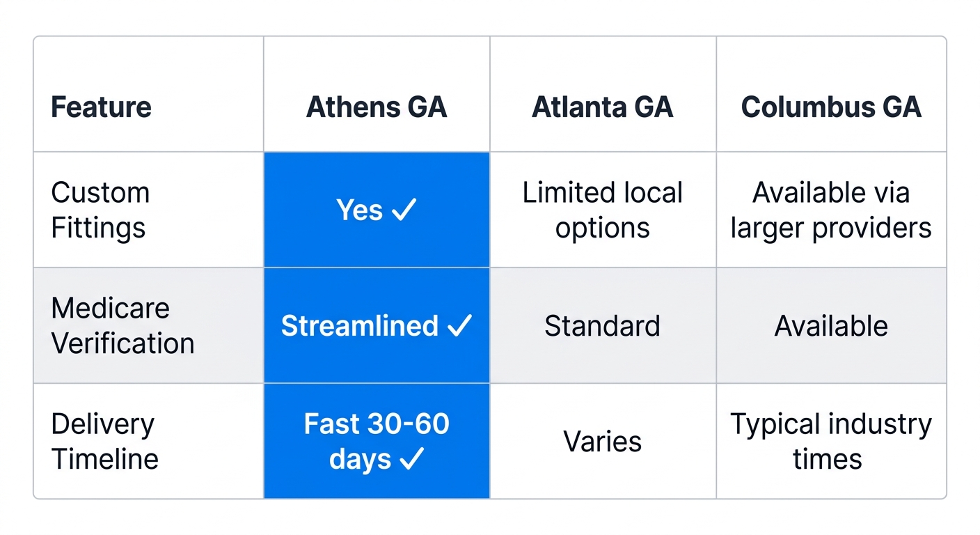 Infographic table comparing motorized wheelchair service features: custom fittings, Medicare verification, delivery timelines across Athens GA, Atlanta GA, Columbus GA, highlighting Athens advantages.