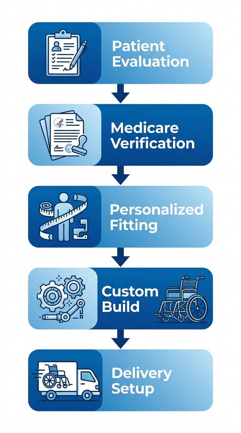 Vertical process flow diagram showing five steps to acquire a custom motorized wheelchair: patient evaluation, Medicare verification, personalized fitting, custom build, and delivery setup with icons.