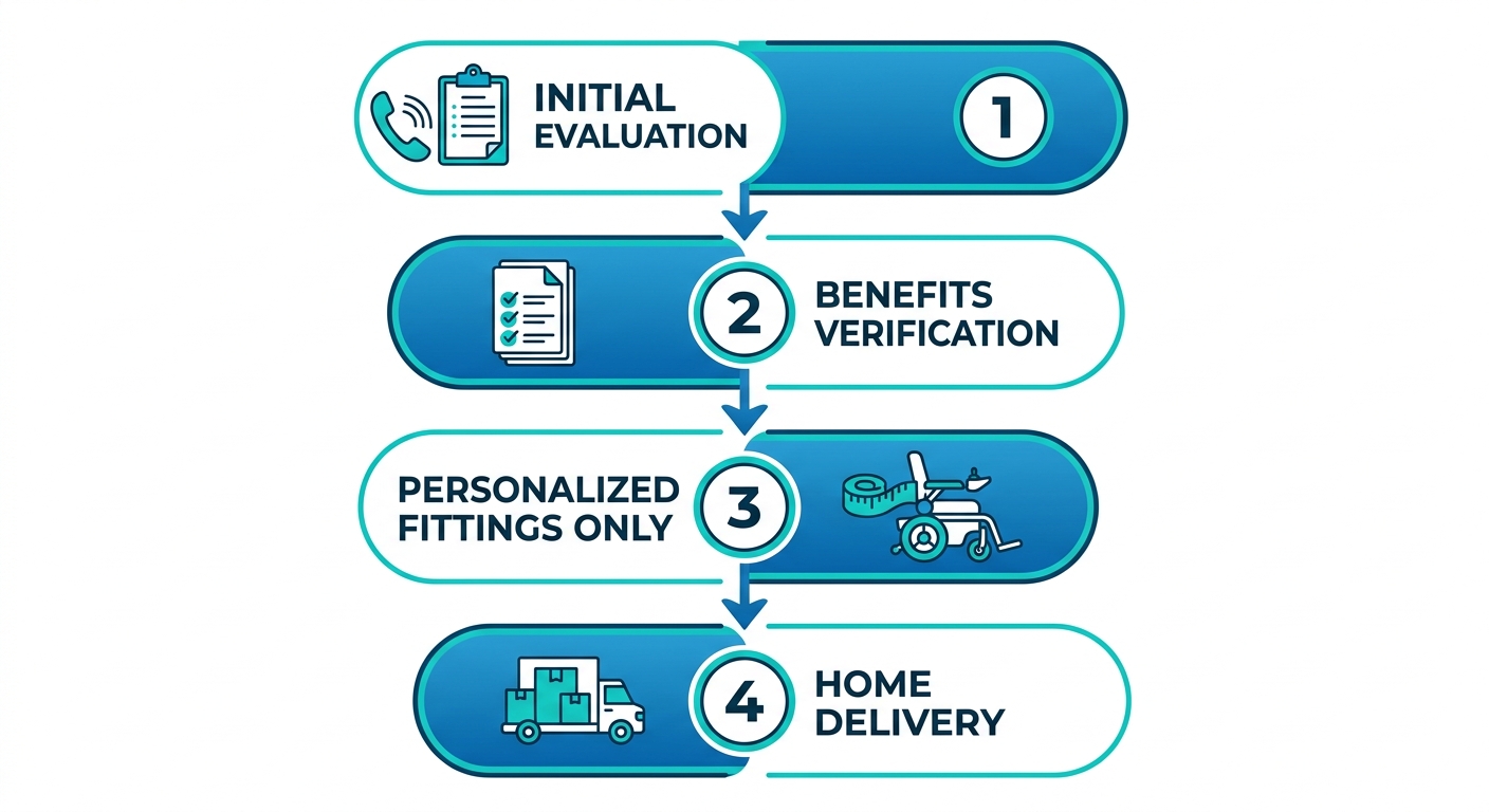 Vertical process flow diagram of four steps to obtain custom wheelchair: initial evaluation, Medicare verification, personalized fittings, home delivery.