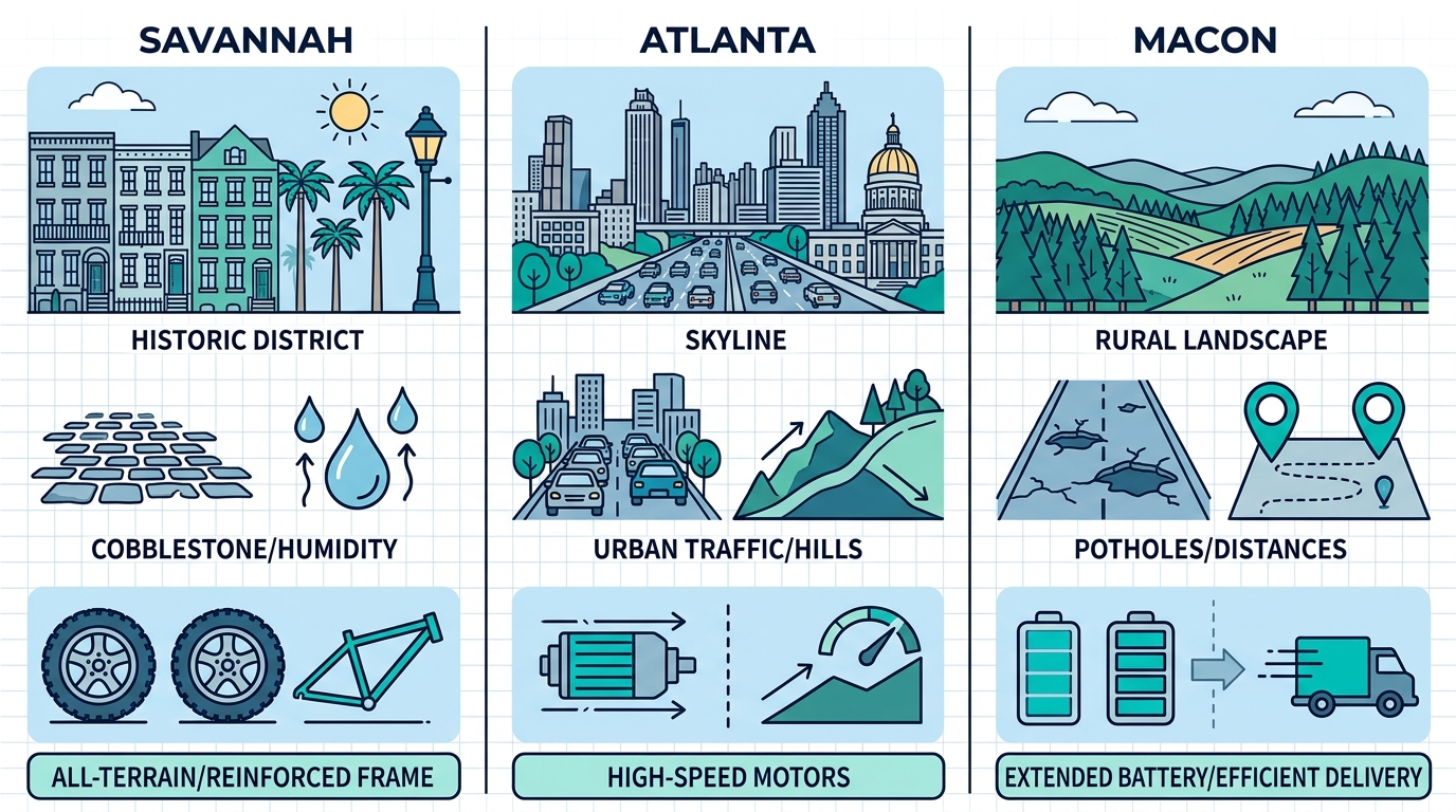 Infographic comparing terrain challenges and custom motorized wheelchair features for Savannah, Atlanta, and Macon
