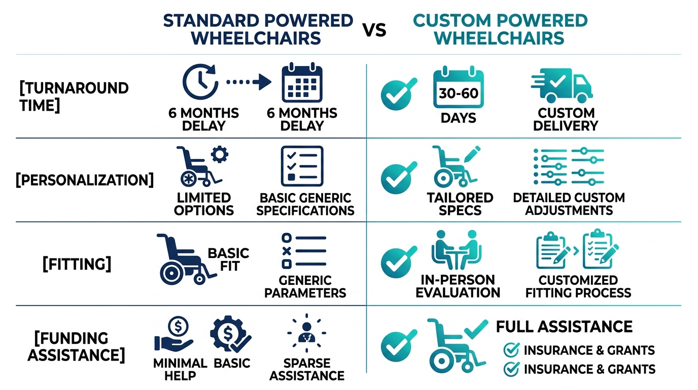 Two-column infographic comparing standard and custom powered wheelchairs benefits for Athens, Georgia mobility needs