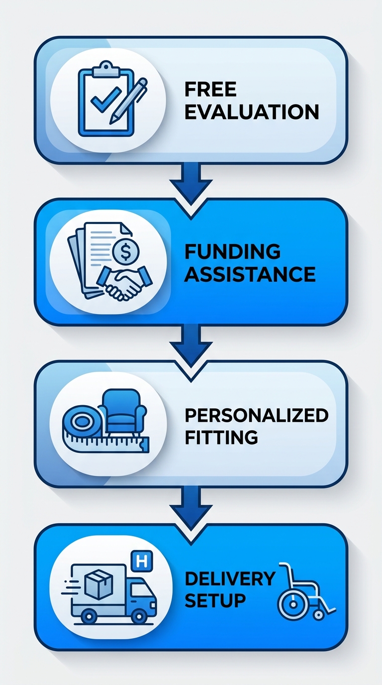 Vertical process flow diagram of 4 steps to get a powered wheelchair in Athens: evaluation, funding, fitting, delivery.