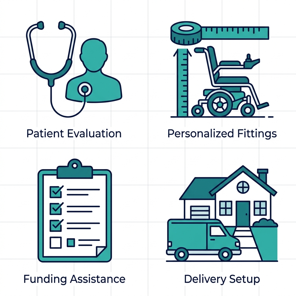 2x2 grid of flat outline icons for motorized wheelchair services: stethoscope with person for patient evaluation, ruler on wheelchair for personalized fittings, clipboard checkmarks for funding assistance, delivery van for setup.