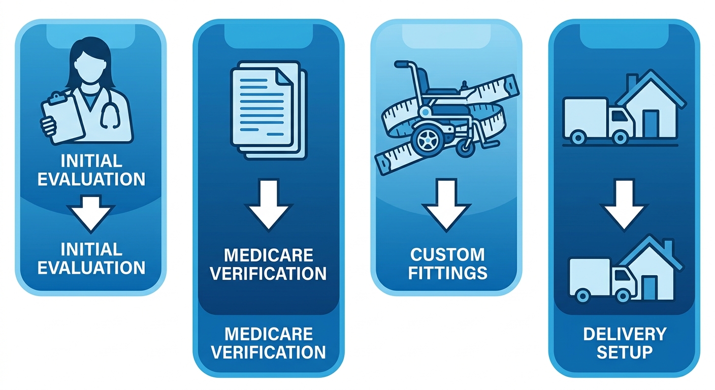 Vertical process flow showing four steps to secure a custom motorized wheelchair: initial evaluation, Medicare verification, personalized fittings, and delivery setup.