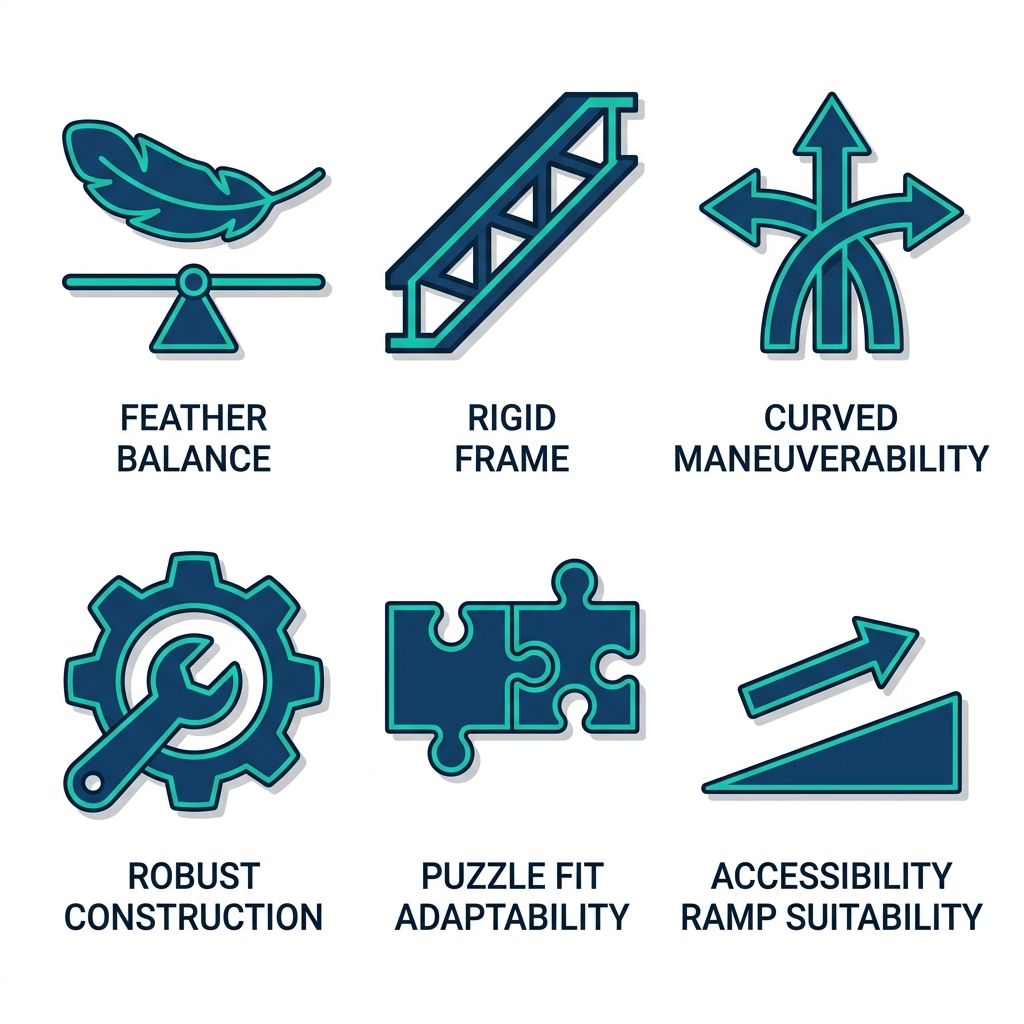Square grid of 6 icons showing Quickie Wheelchair attributes: lightweight design, rigid frame, maneuverability, robust construction, adaptability, senior suitability.