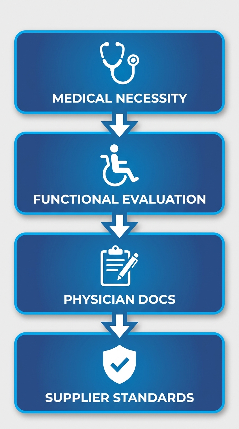 Vertical process flow diagram of Medicare coverage considerations for Quickie Wheelchair power mobility devices with four stages: medical necessity assessment, functional limitations evaluation, physician documentation, and supplier standards compliance.