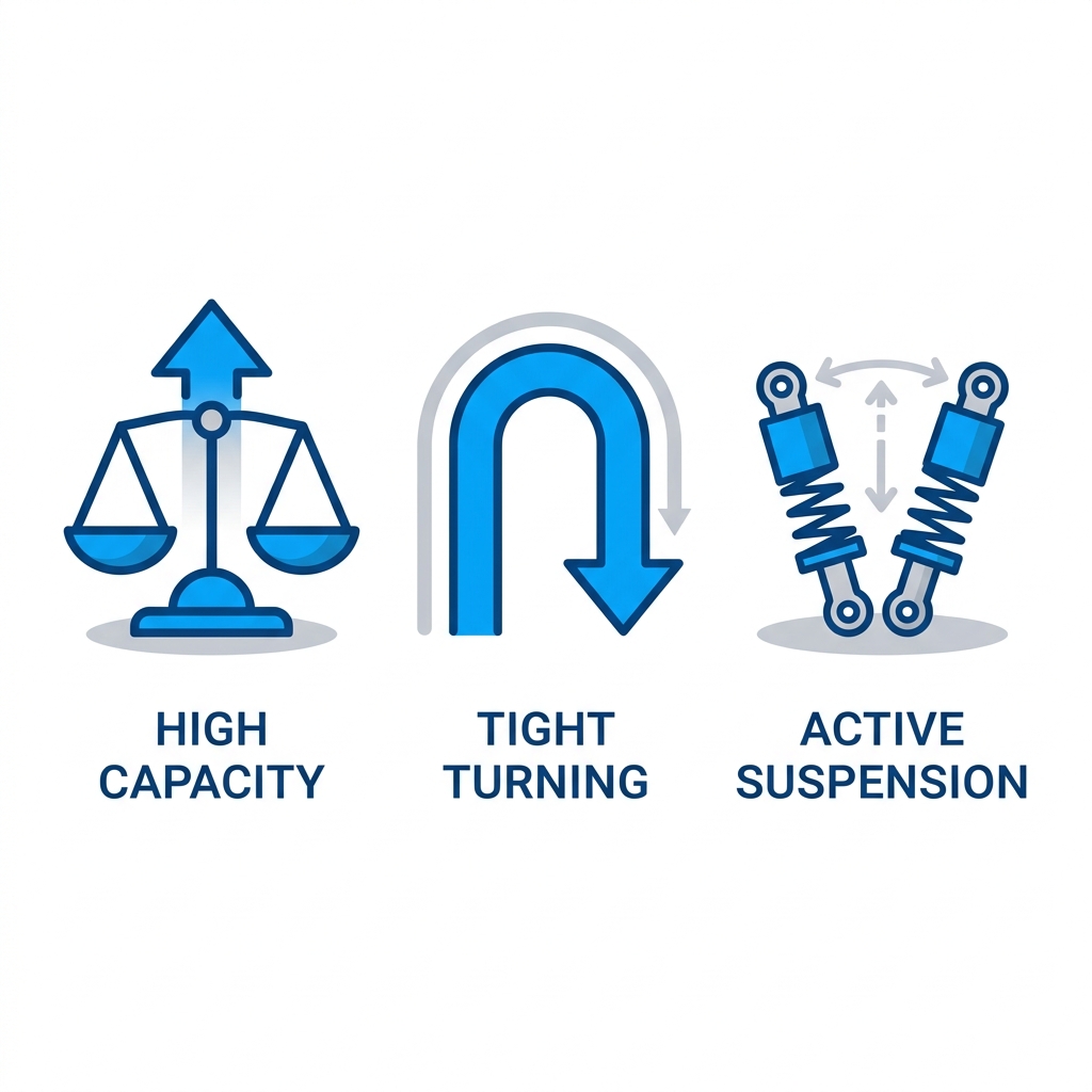 Square grid of three icons for Rovi X3 power wheelchair features: high capacity, tight turning radius, and active suspension.