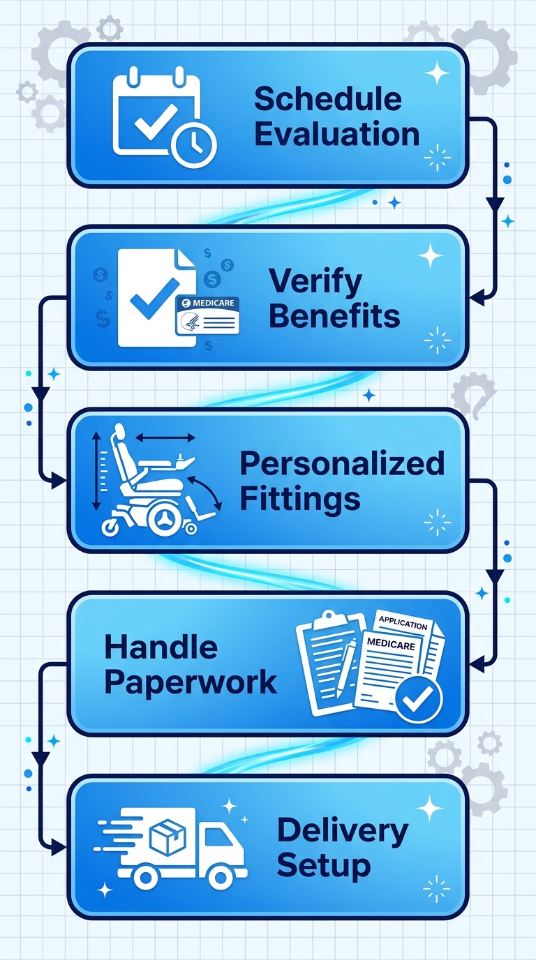 Vertical process flow diagram illustrating five steps to acquire Rovi X3 motorized wheelchair: schedule evaluation, verify Medicare benefits, personalized fittings, handle paperwork, delivery and setup.