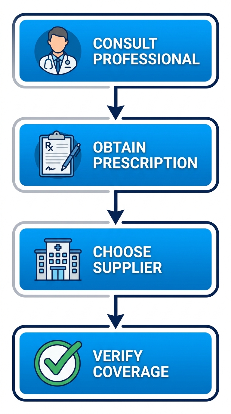 Vertical process flow diagram of four steps to acquire manual wheelchairs in Georgia: consult professional, obtain prescription, choose supplier, verify Medicare coverage.