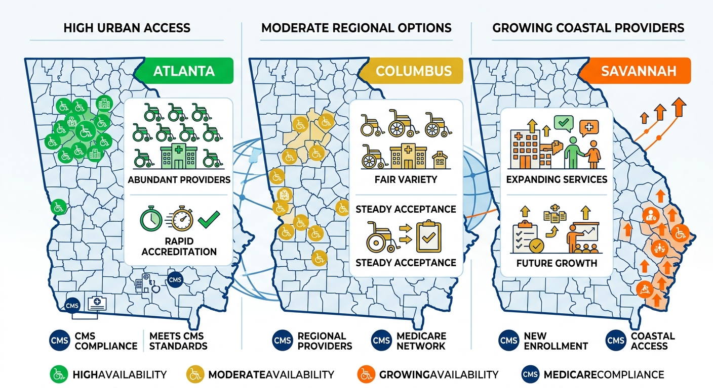 Infographic comparing manual wheelchair availability in Atlanta, Columbus, and Savannah Georgia regions with color-coded access levels and Medicare notes