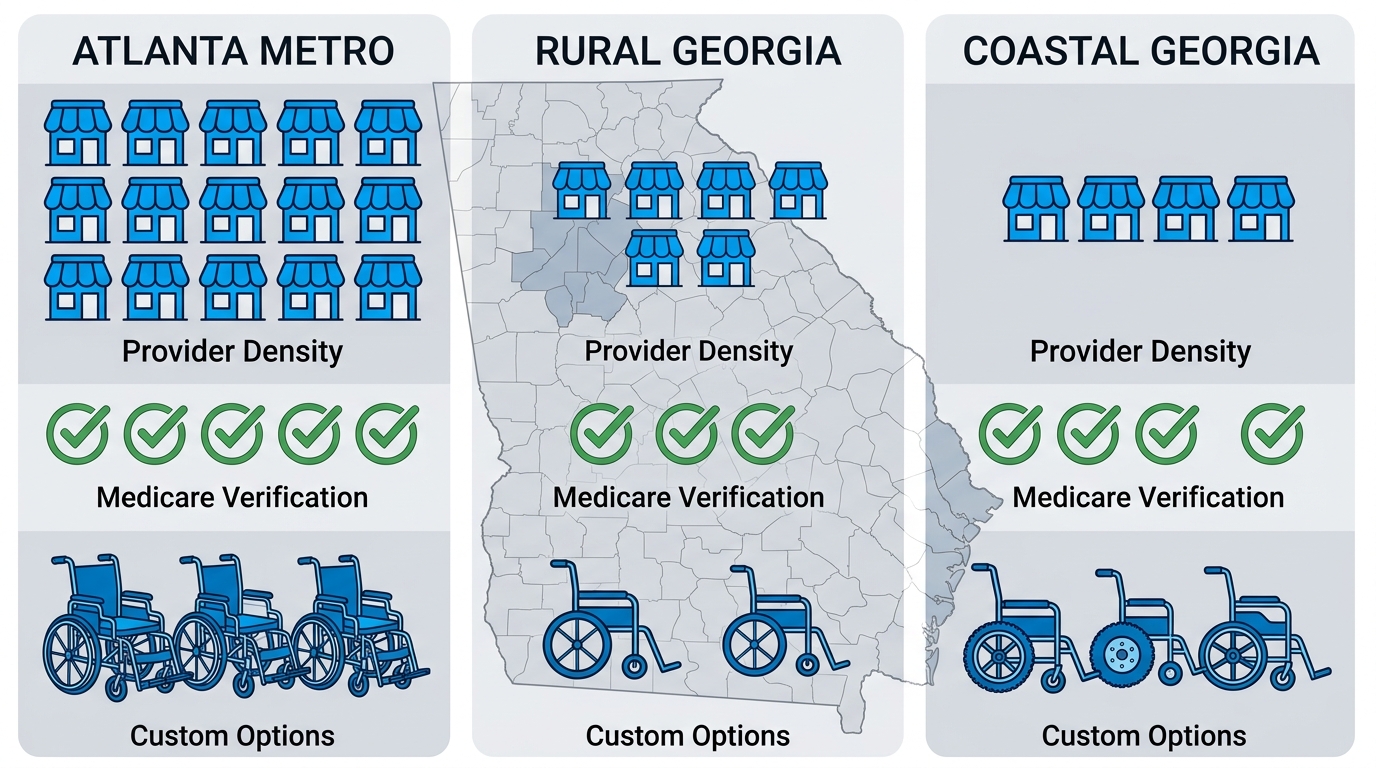 Infographic comparing mobility equipment provider density, Medicare verification services, and custom options across Atlanta Metro, Rural Georgia, and Coastal Georgia regions
