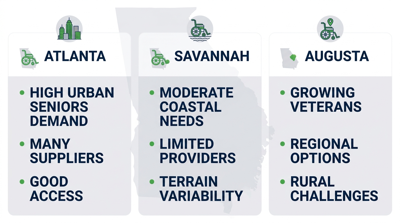 Infographic comparing custom wheelchair needs in Atlanta, Savannah, and Augusta, Georgia, with area icons, bullet points on demands, providers, challenges, and state outline background