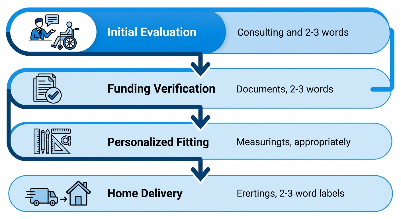 Vertical process flow illustrating four steps to get custom motorized wheelchairs in Georgia: initial evaluation, funding verification, personalized fitting, home delivery.