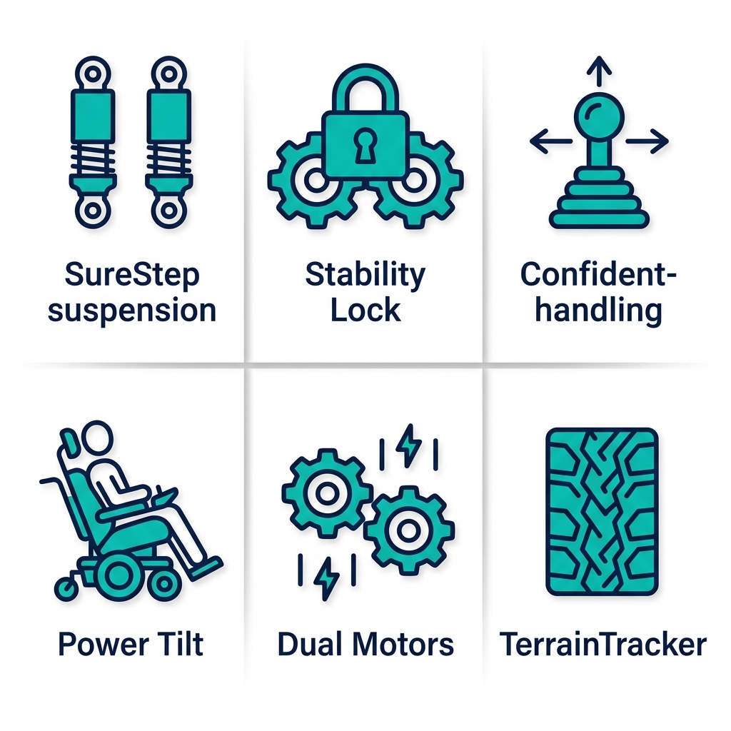 Square grid of 6 icons depicting key features of Tdx SP2 HD motorized wheelchair including suspension, stability lock, joystick, tilt seating, motors, and terrain tracker.