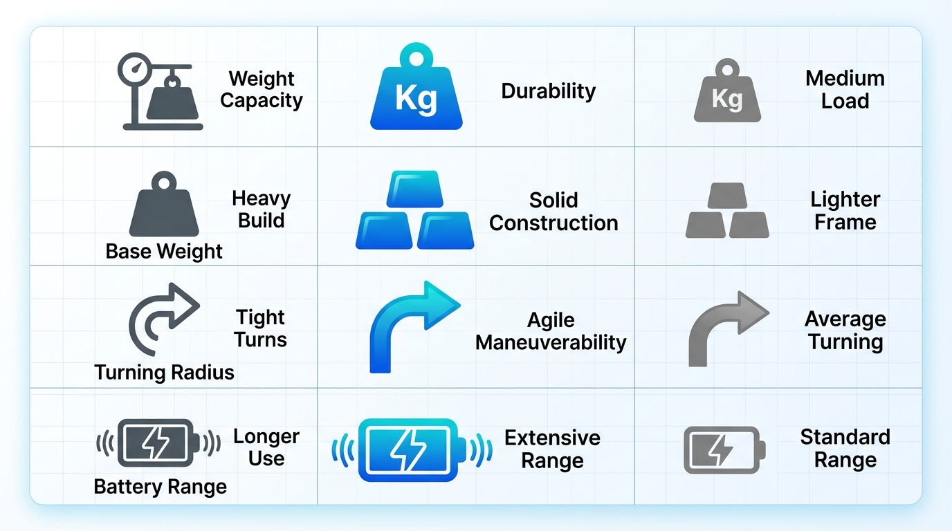 Infographic matrix comparing Tdx SP2 HD heavy-duty wheelchair specifications to standard power wheelchairs in weight capacity, base weight, turning radius, and battery range