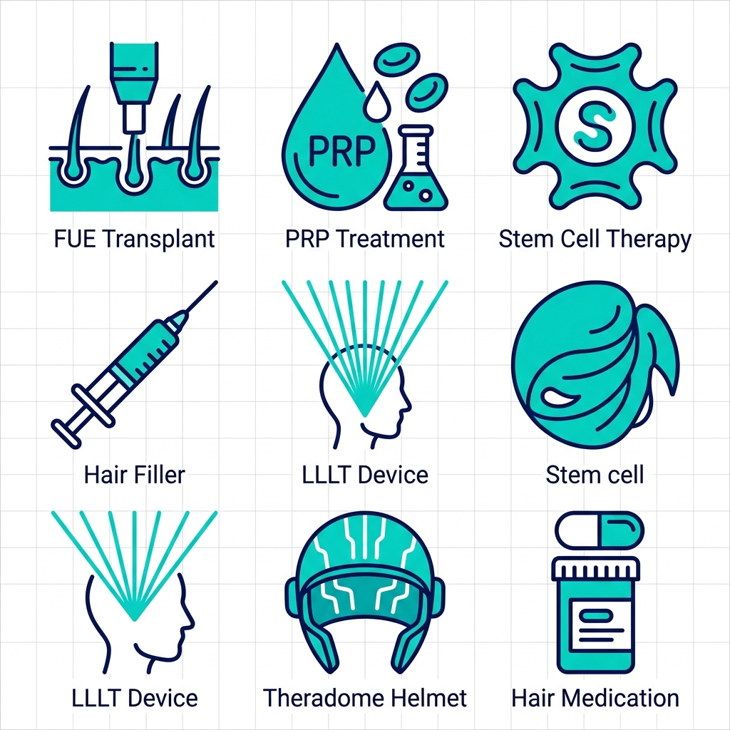 Square grid of 7 flat outline icons for hair restoration treatments: FUE, PRP, stem cell, hair filler, LLLT, Theradome laser, and medication in teal and blue tones with short labels.