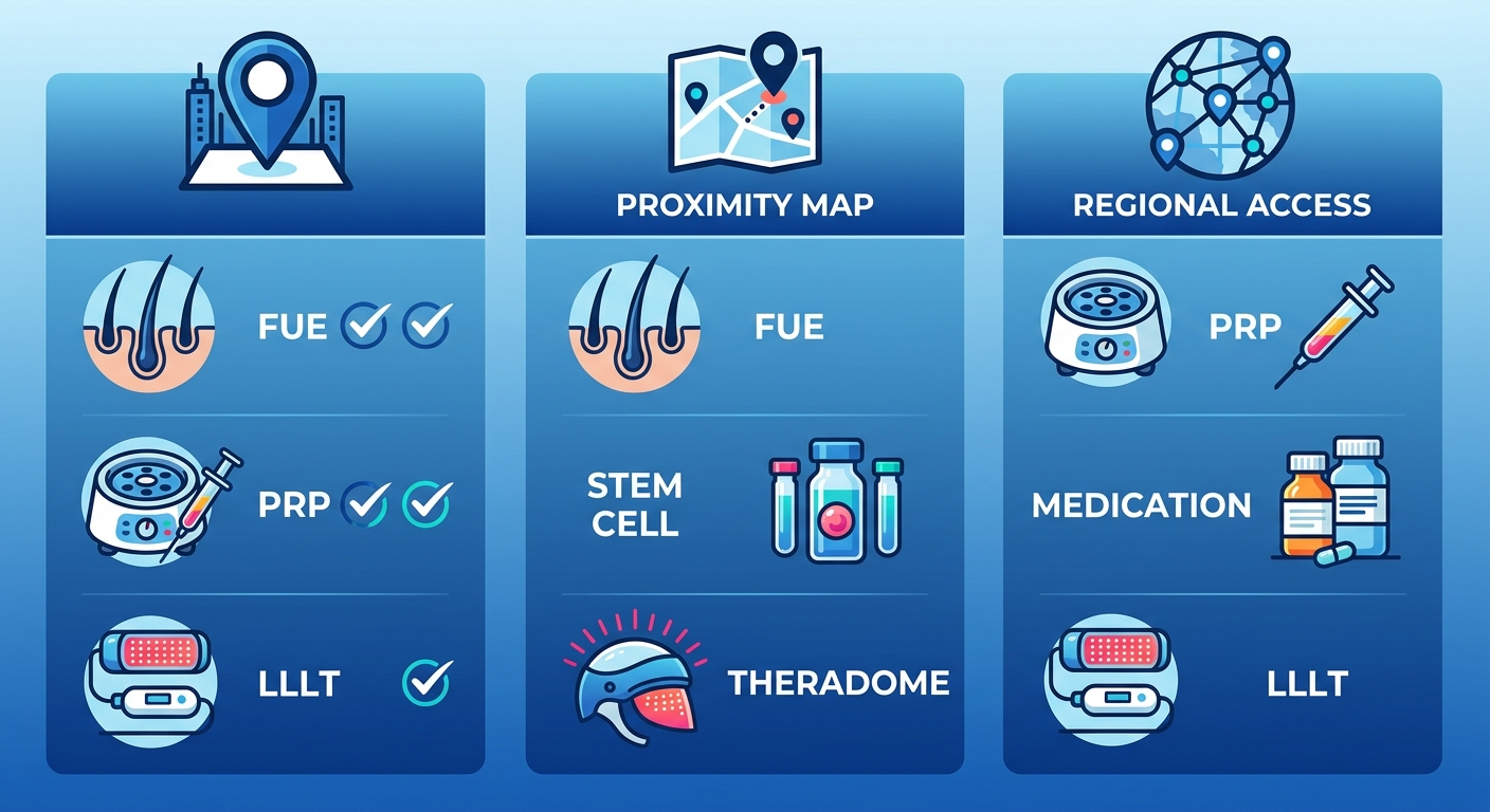 Infographic comparing hair restoration services accessibility in Kuala Lumpur, Petaling Jaya, and Selangor with service icons and checkmarks.