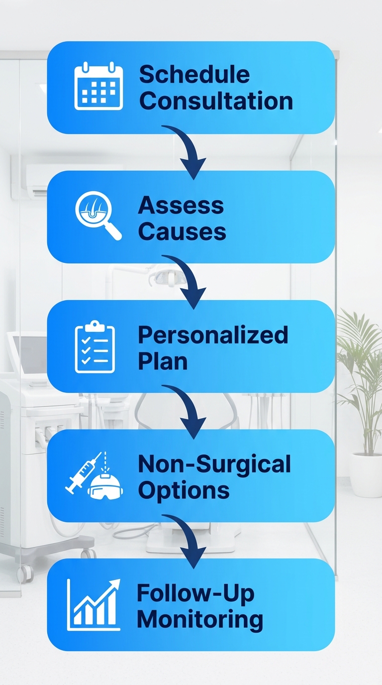 Vertical process flow illustrating five steps to start hair regrowth treatment: consultation scheduling, cause assessment, plan development, non-surgical options, and follow-up.
