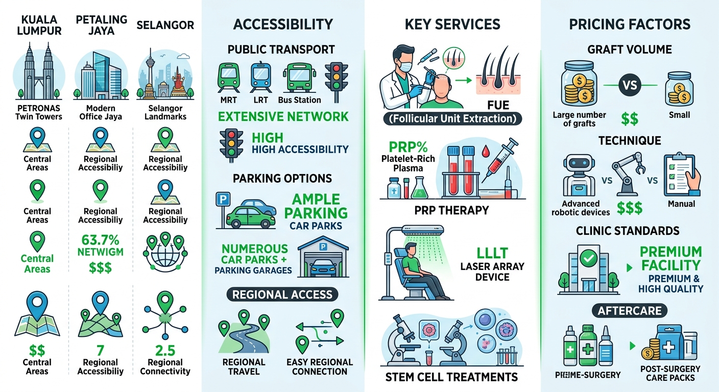Infographic comparing hair transplant services, accessibility, key offerings, and pricing in Kuala Lumpur, Petaling Jaya, and Selangor