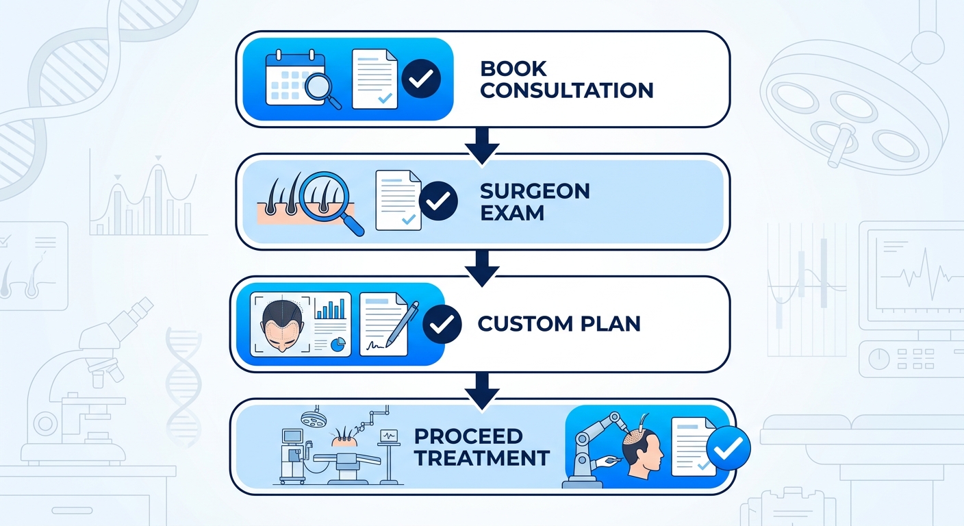 Vertical process flow illustrating four steps to begin hair restoration: book consultation, surgeon examination, customized treatment plan, and proceed to treatment with icons.