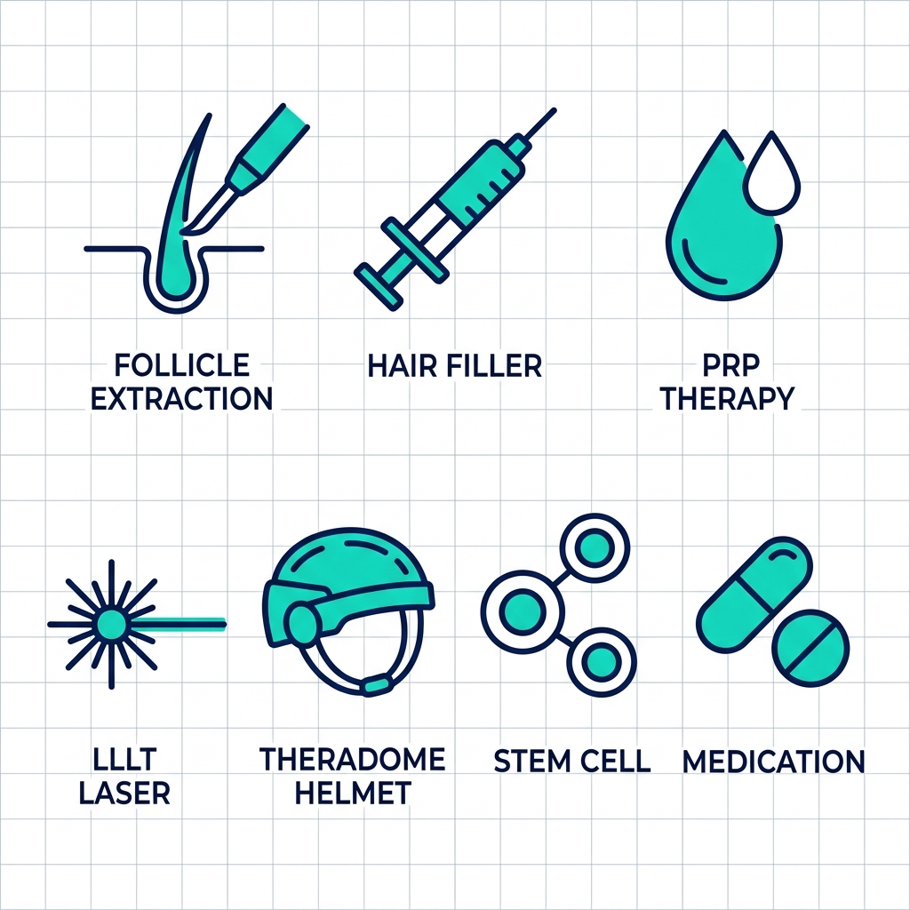 Grid of seven modern outline icons for hair restoration services: FUE tool, hair filler syringe, PRP droplet, LLLT laser, Theradome helmet, stem cell graphic, and medication pills.
