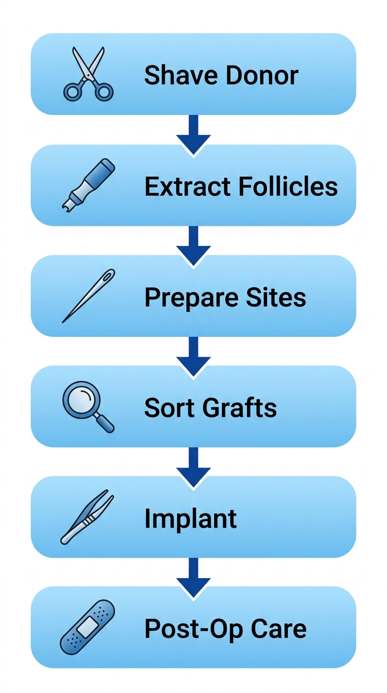 Vertical process flow diagram illustrating six key steps of FUE hair transplant procedure with icons