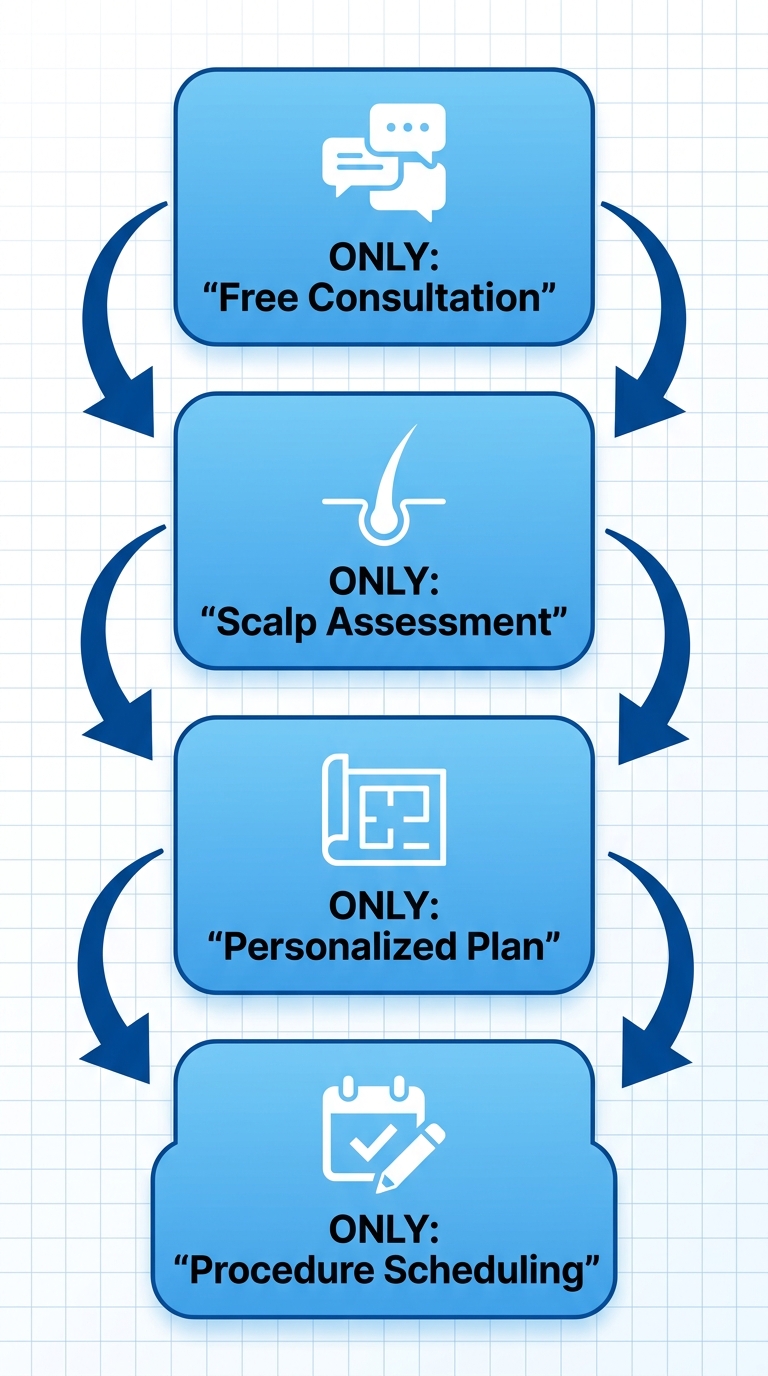 Vertical process flow chart of four steps to start hair restoration: free consultation, scalp and donor assessment, personalized treatment plan, procedure scheduling with icons.