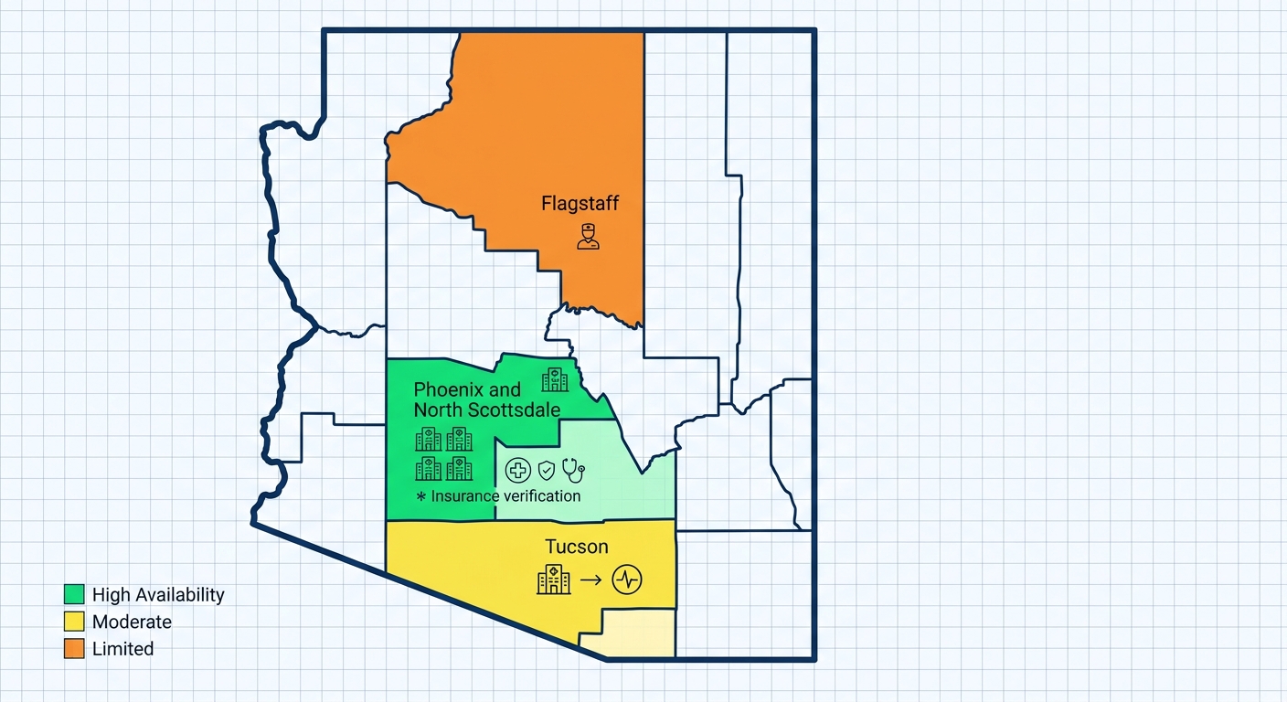 Infographic map of alcohol detox facility availability in Arizona regions: Phoenix green high, Tucson yellow moderate, Flagstaff orange limited