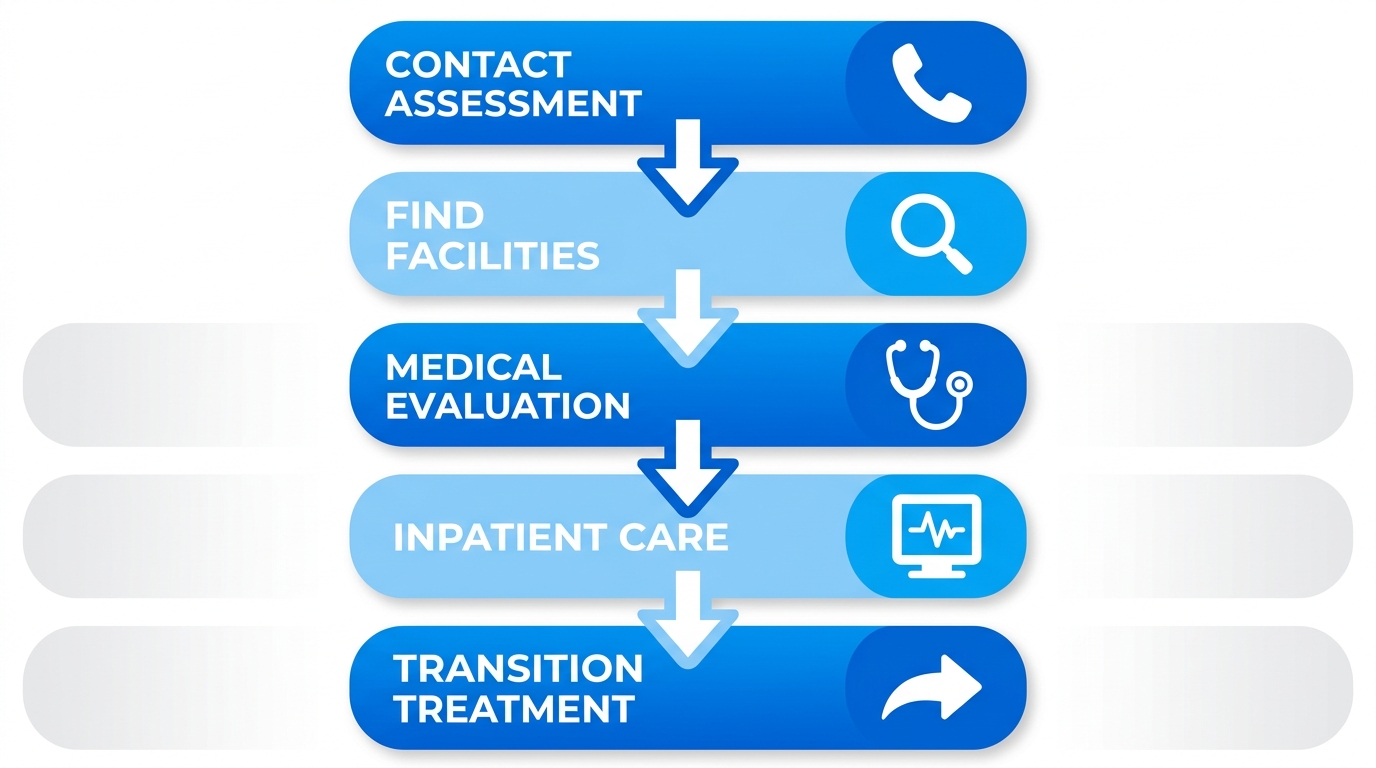Vertical process flow diagram of five steps to start alcohol detox: contact for assessment, use locators, medical evaluation, inpatient care, transition to treatment