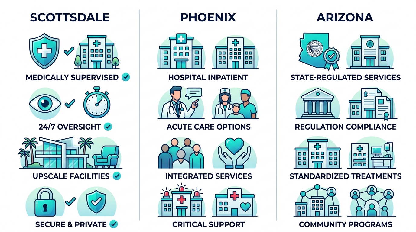 Infographic comparing alcohol detox features in Scottsdale, Phoenix, and Arizona regions