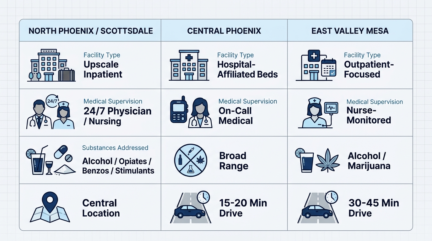 Infographic comparing Phoenix area detox facilities by capacity, supervision, substances treated, and proximity to North Phoenix.