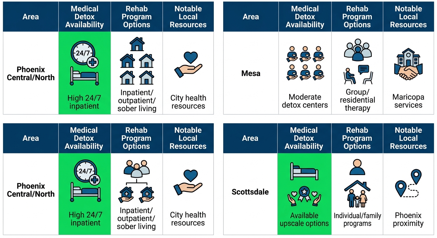 Infographic comparing drug rehab landscape in Phoenix Central/North, Mesa, and Scottsdale areas with detox availability, program options, and local resources