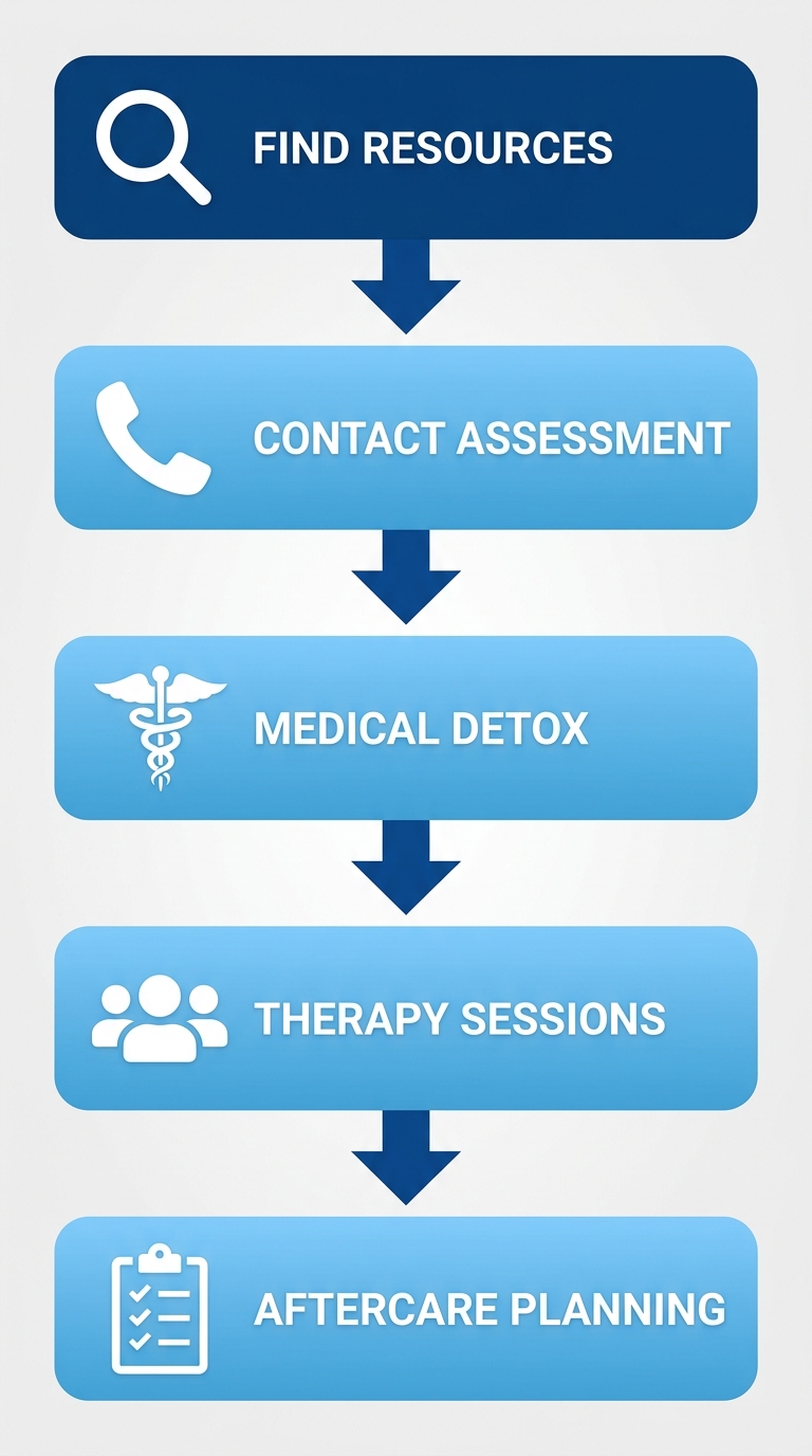 Vertical process flow diagram showing five steps to begin drug rehab in Phoenix: find resources, contact for assessment, medical detox, therapy, and aftercare planning with icons.