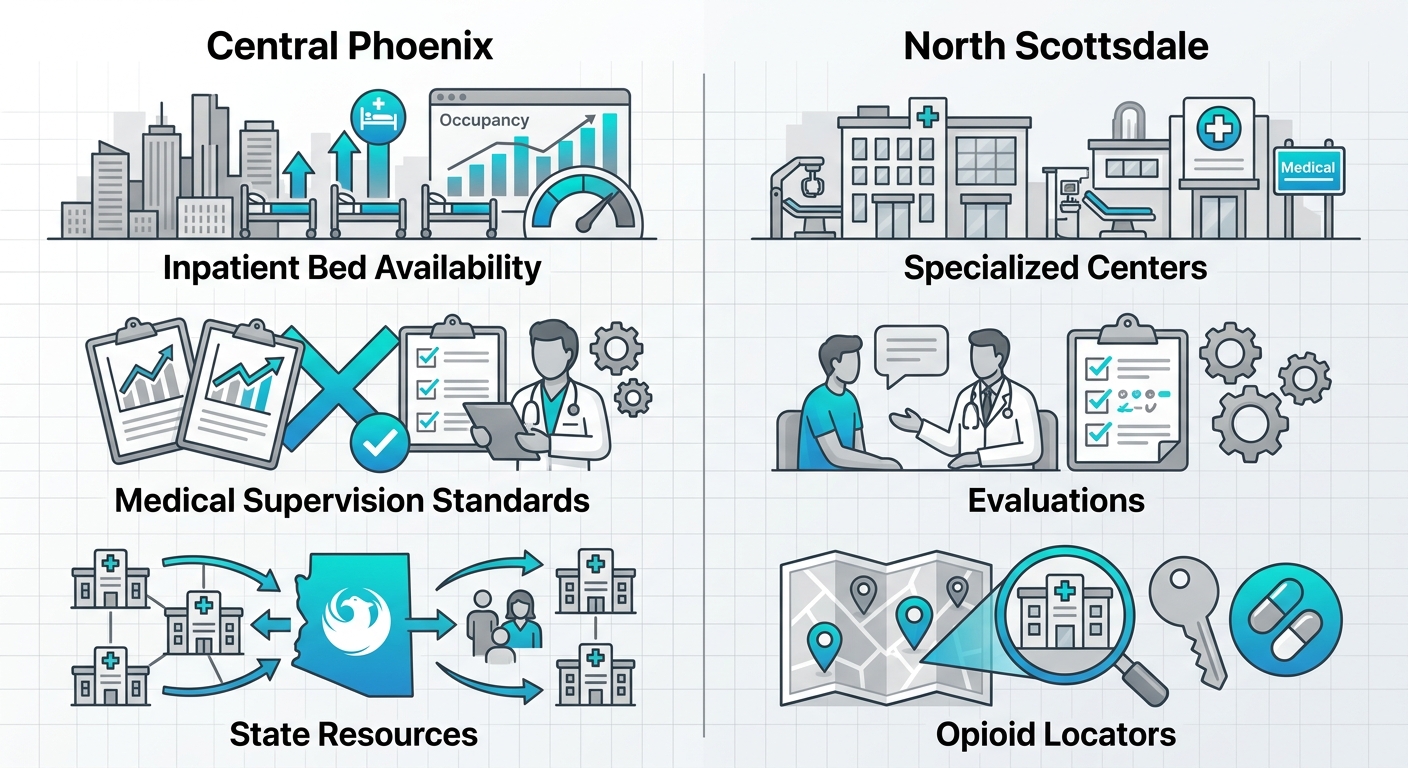 Infographic comparing inpatient medical detox features in Central Phoenix versus North Scottsdale with icons for beds, supervision, and resources