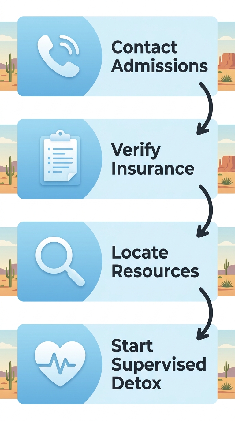 Vertical process flow chart showing four steps to start inpatient medical detox: contact admissions, verify insurance, locate resources, begin supervised detox.