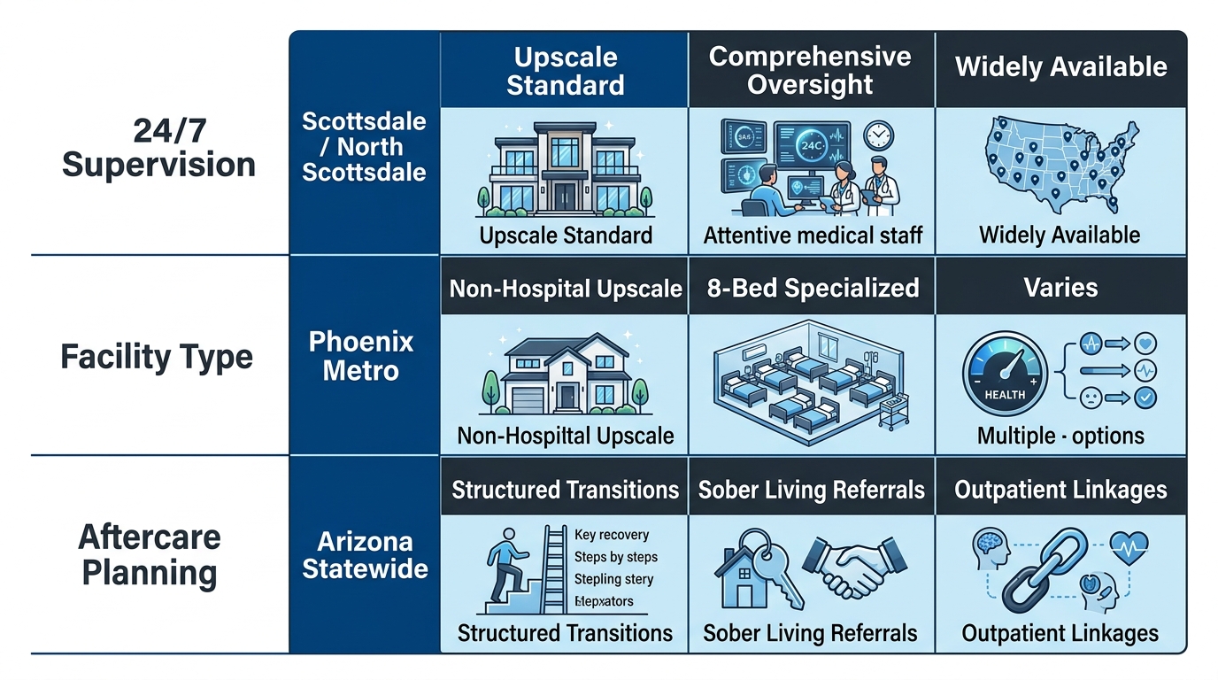 Infographic comparing drug detox features in Scottsdale/North Scottsdale, Phoenix Metro, and Arizona statewide including supervision, facility type, and aftercare.