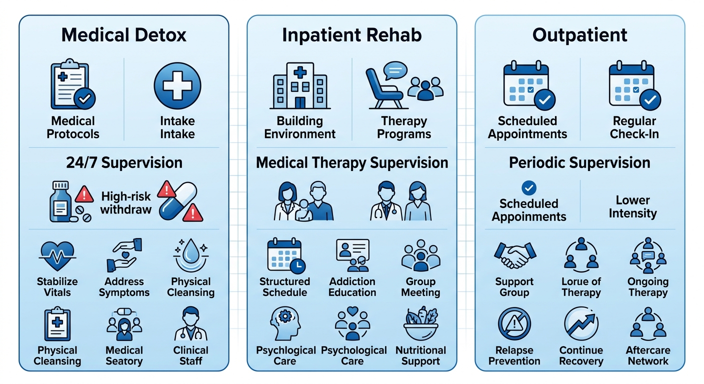 Infographic comparing three levels of addiction recovery care in Phoenix: medical detox, inpatient rehab, outpatient with icons and supervision labels
