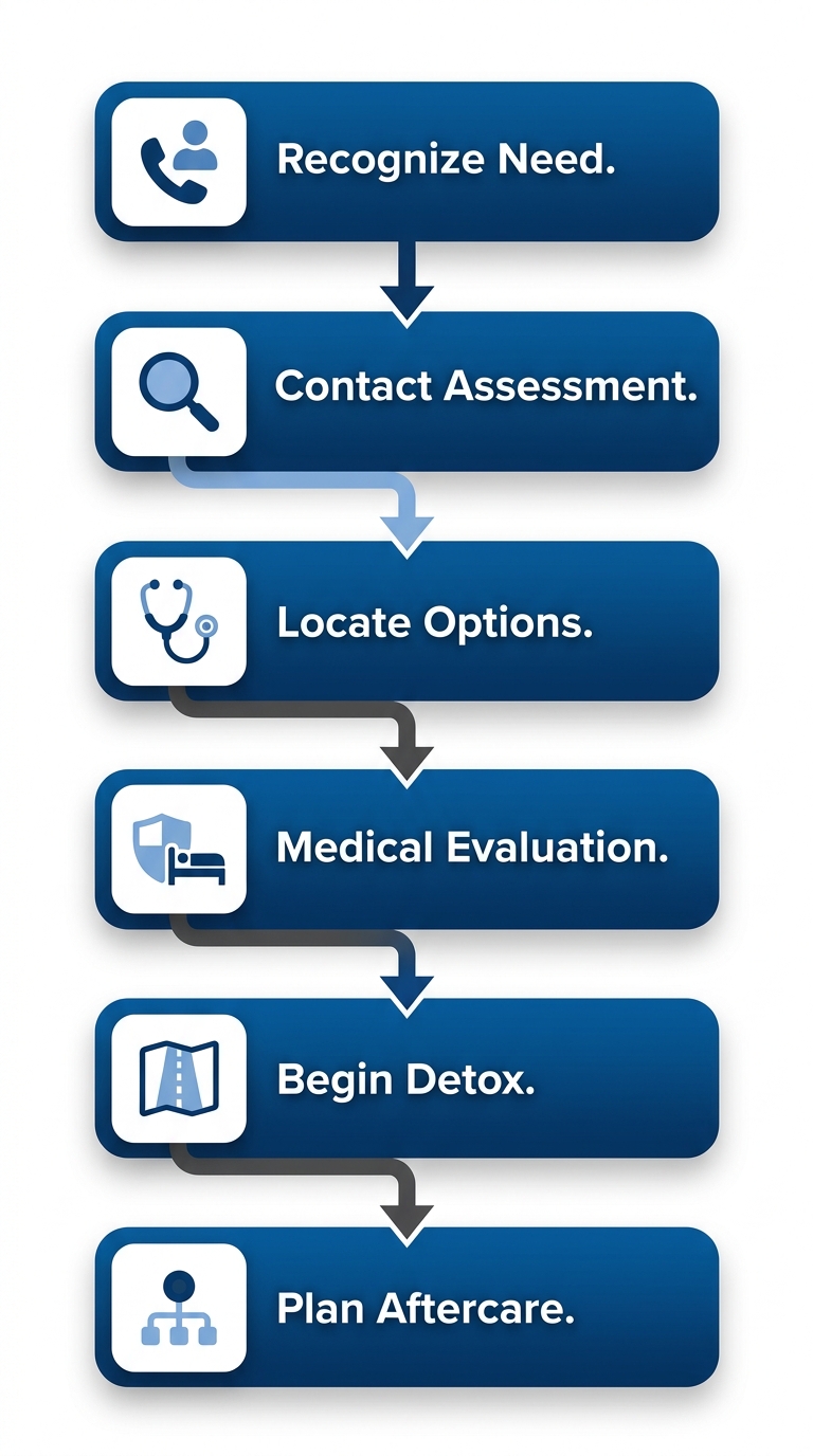 Vertical process flow diagram of five steps to begin recovery journey at Desert Mountain Health in Phoenix, featuring medical icons and blue gradient stages