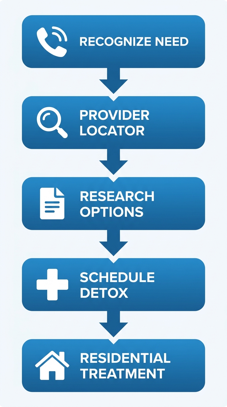 Vertical process flow diagram illustrating 5 steps to start alcohol rehab in Phoenix with icons