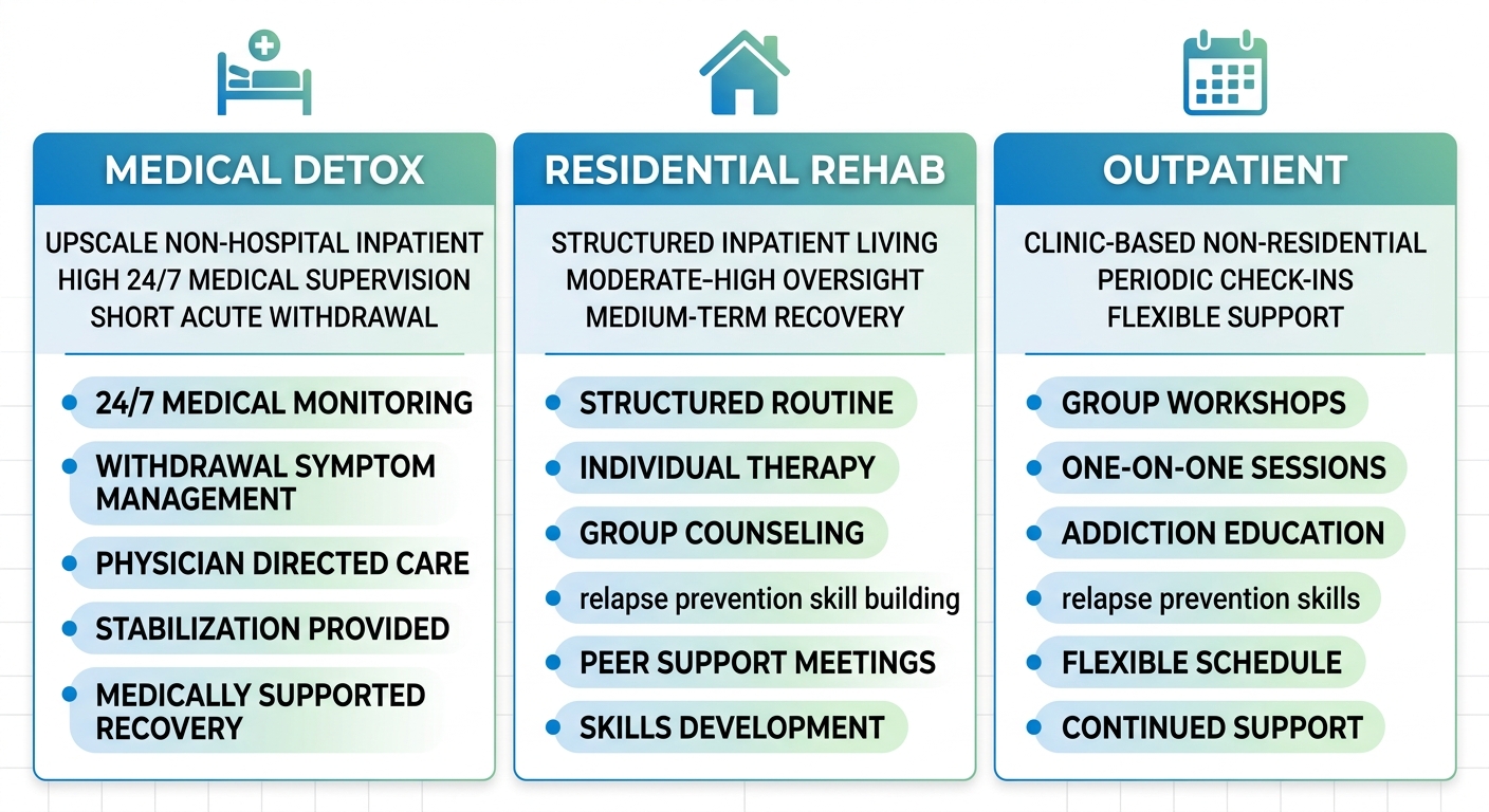 Infographic comparing three alcohol rehab facility types in Phoenix area: Medical Detox, Residential Rehab, Outpatient with icons and key attributes