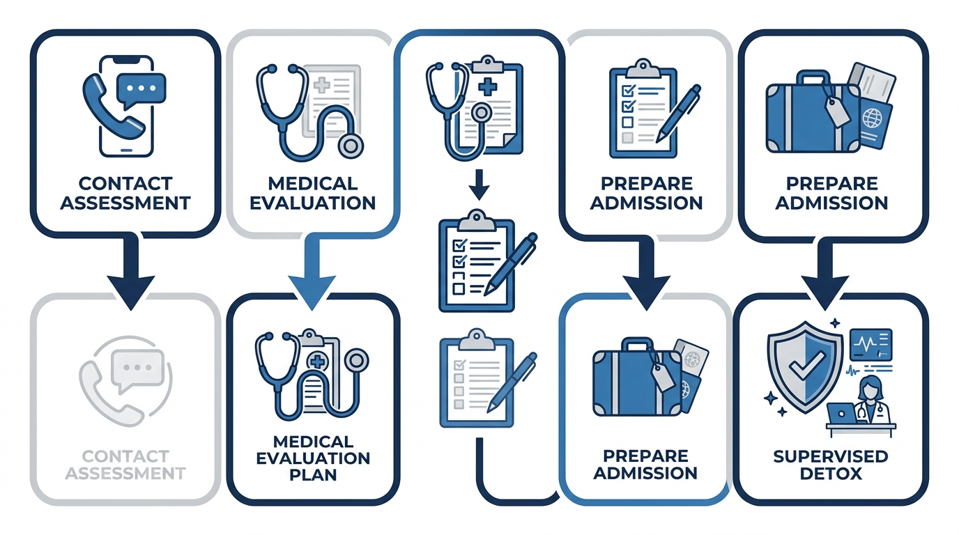 Vertical process flow diagram illustrating five steps to begin alcohol detox: contact, evaluation, plan, admission, supervised care.
