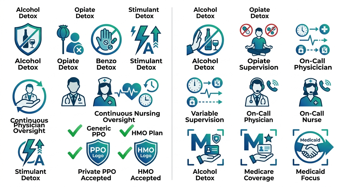 Two-column infographic comparing upscale Phoenix/North Scottsdale detox services with standard Mesa facility, showing substances treated, supervision levels, and insurance types.