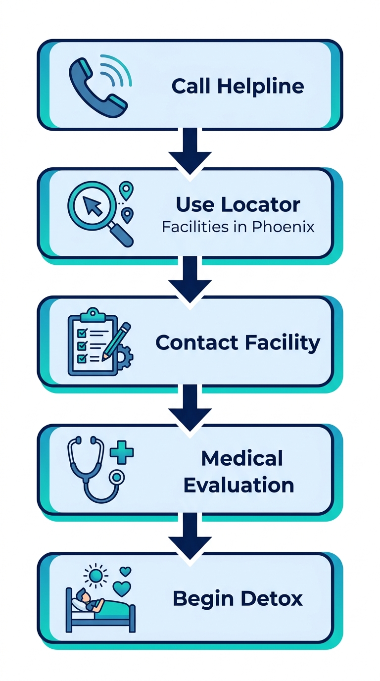 Vertical process flow diagram of five steps to start medical detox in Phoenix: call helpline, use locator, contact facility, medical evaluation, begin detox.